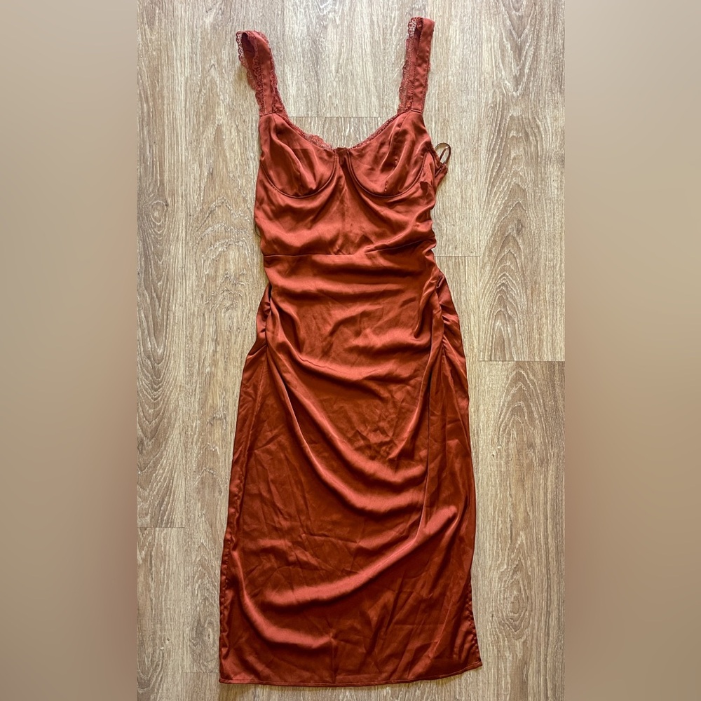 Astr Satin Midi Slip Dress in Rust